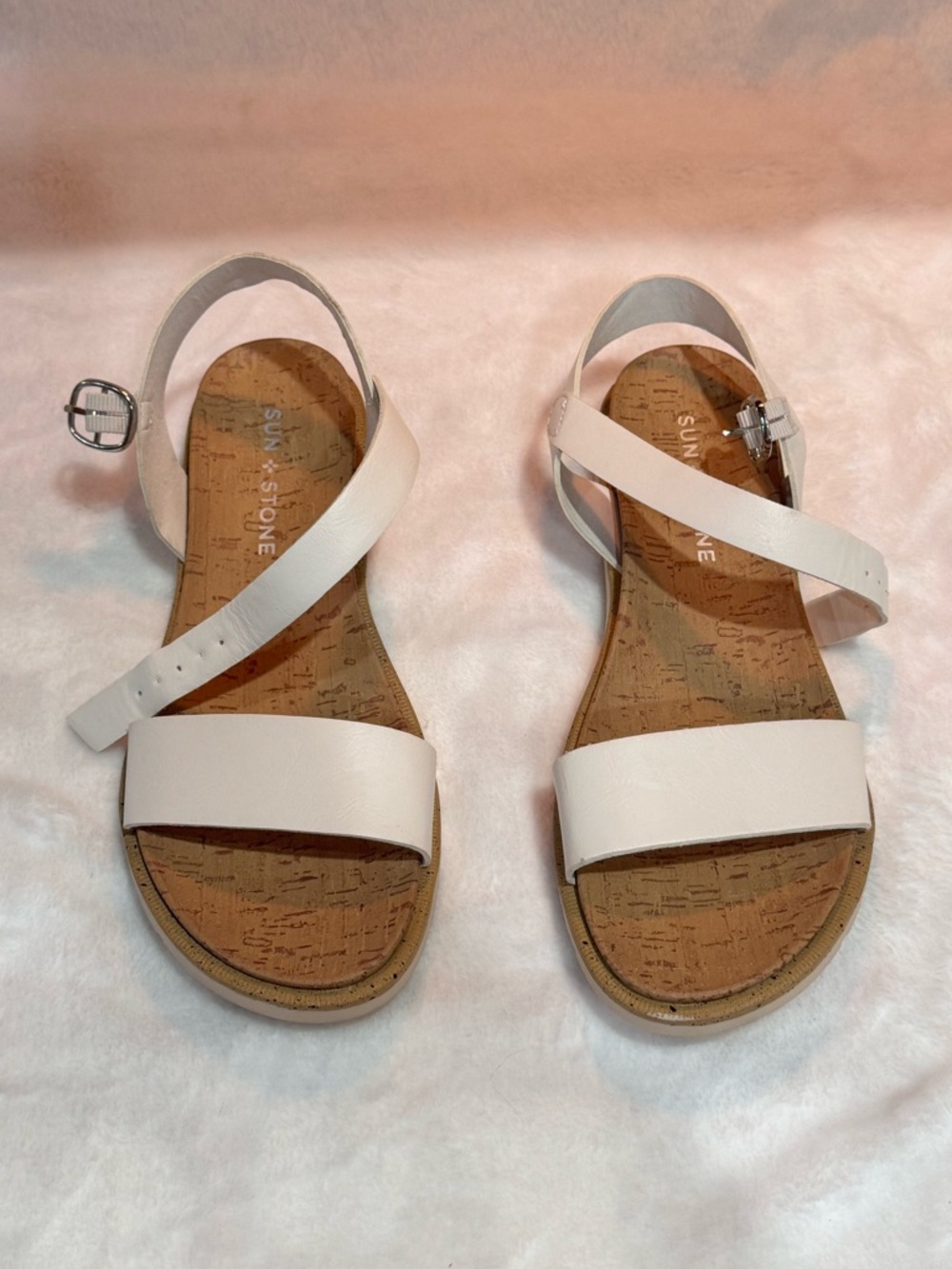 Sun + Stone Women’s White Cork-Style Cross-Strap Sandals